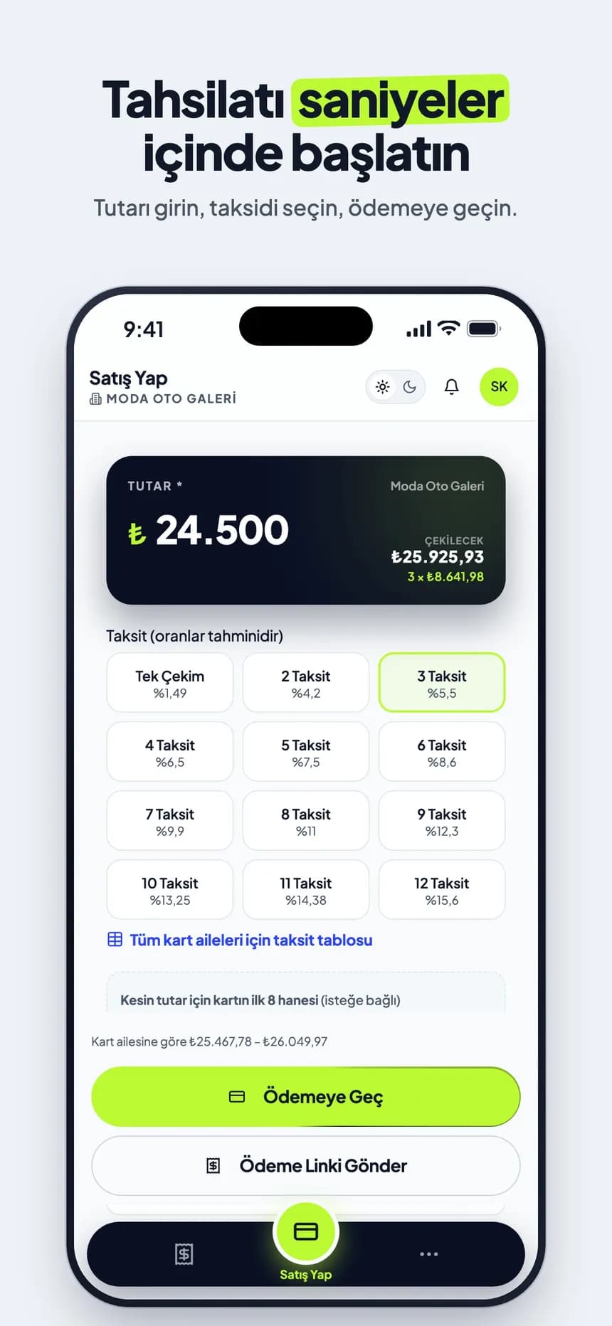 MutluPOS iOS uygulaması Satış Yap ekranı: tutar, taksit seçenekleri ve Ödemeye Geç düğmesi (örnek veri)
