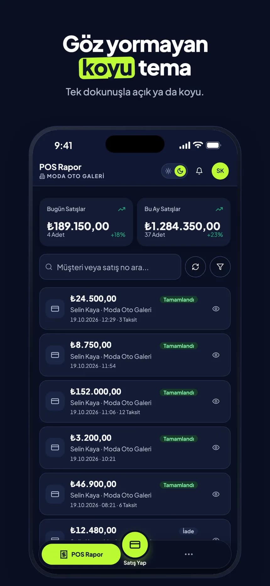 POS Rapor ekranı koyu temada