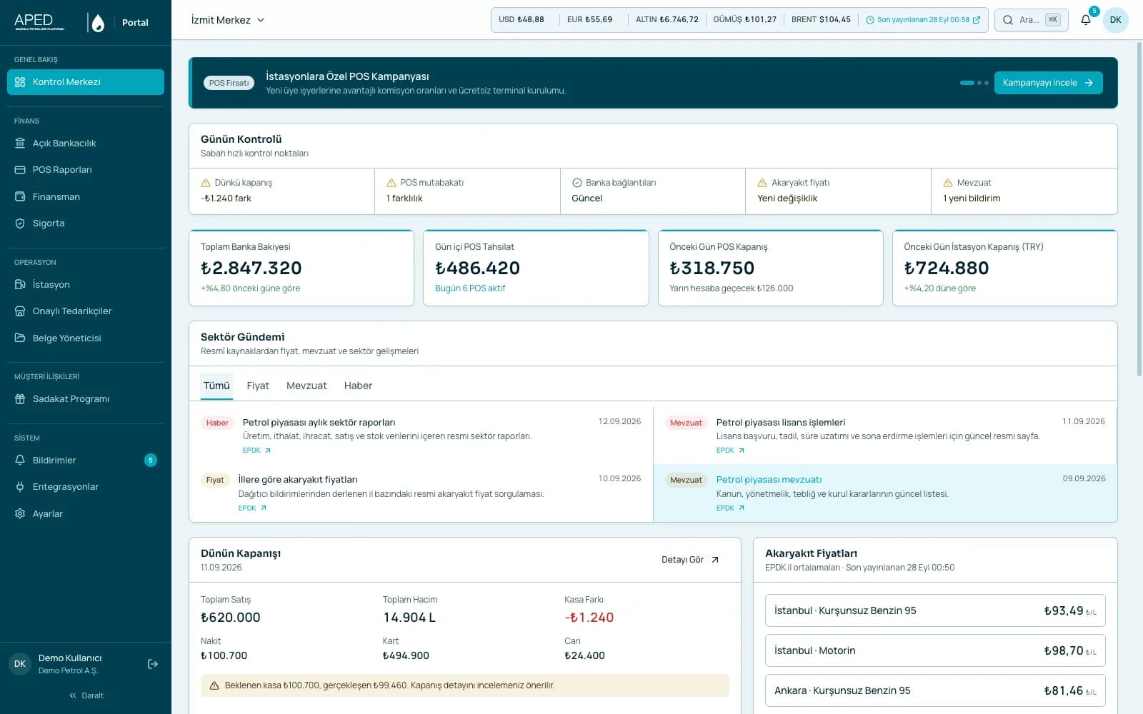 APED Portal kontrol merkezi: banka bakiyesi, gün içi POS tahsilatı, günlük kapanış, sektör gündemi ve EPDK akaryakıt fiyatları (demo veri)
