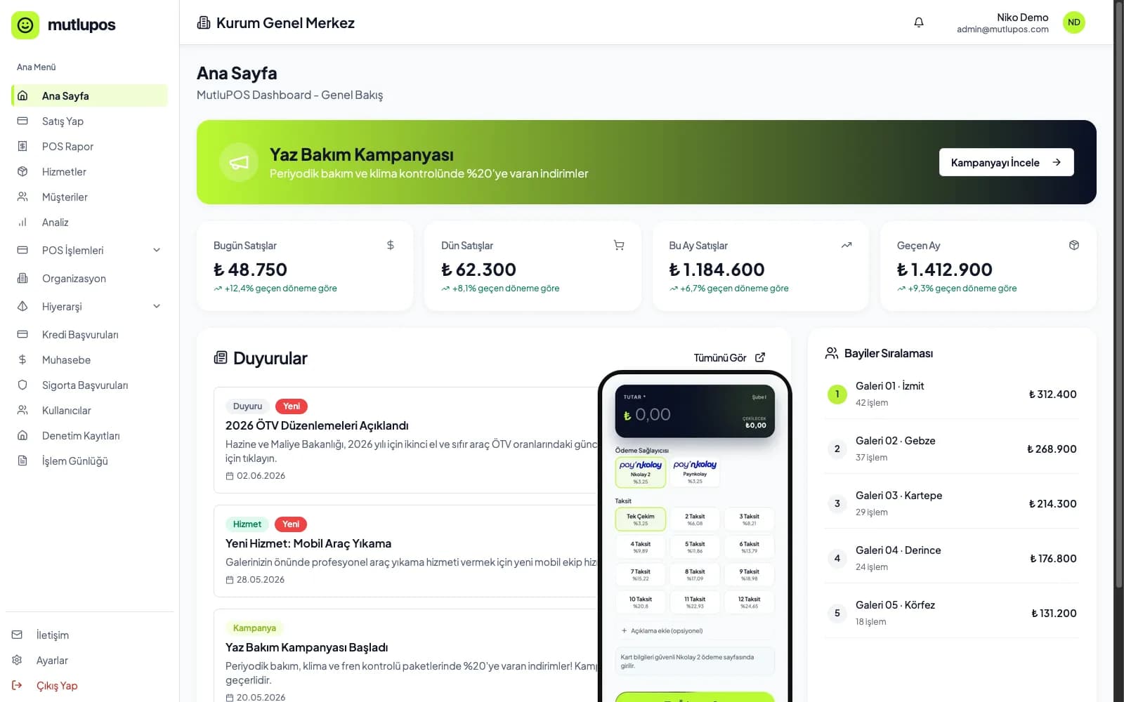 MutluPOS yönetim paneli (satış özeti, bayi sıralaması) ve iOS tahsilat ekranı — Nikofect tarafından geliştirildi; rakamlar demo veridir