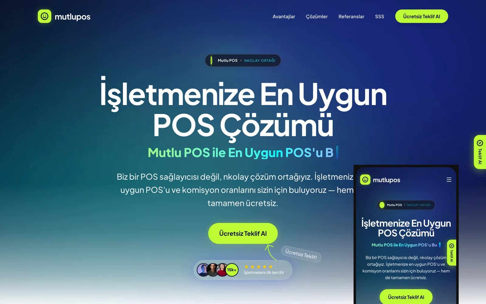 MutluPOS web sitesi: masaüstü ve mobil görünüm