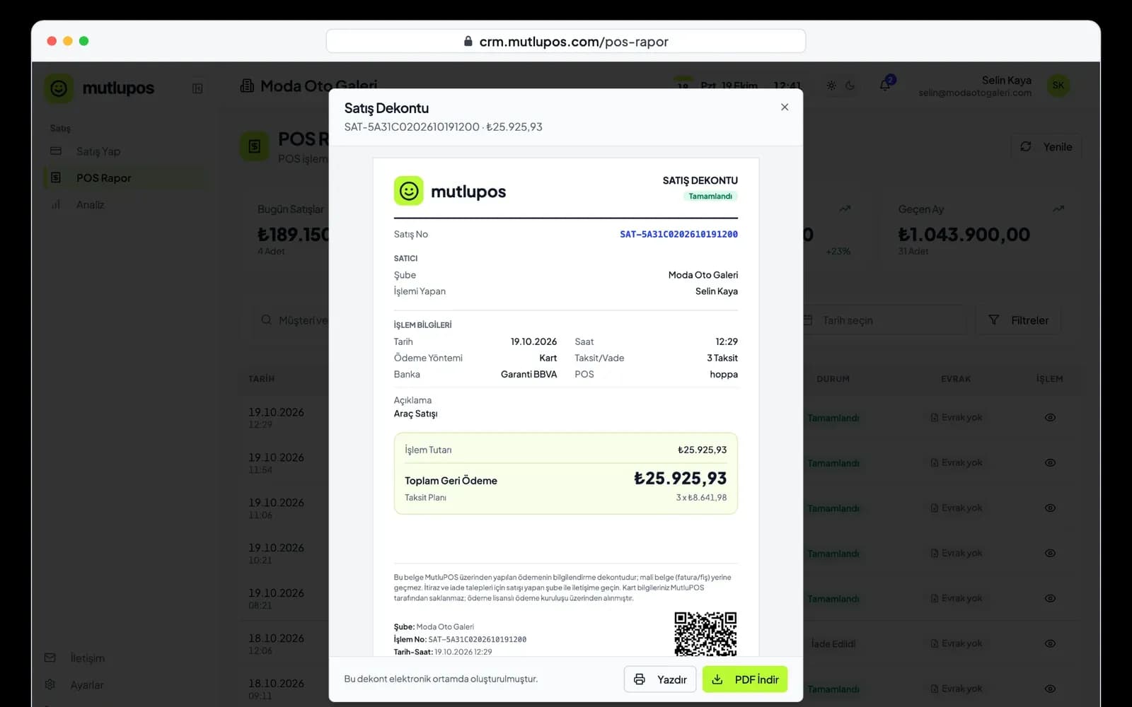 MutluPOS satış dekontu penceresi: taksit planı ve doğrulama QR kodu (örnek veri)
