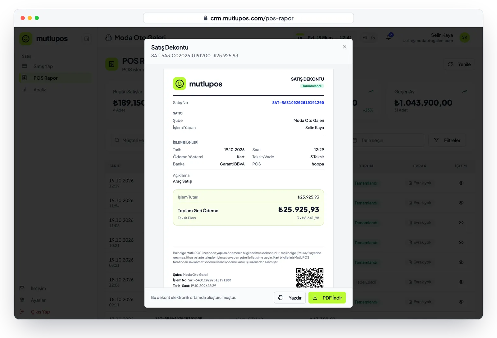 MutluPOS satış dekontu: satıcı ve işlem bilgileri, taksit planı, doğrulama QR kodu, yazdır ve PDF indir (örnek veri)